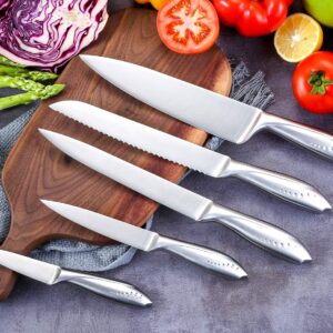WELLSTAR Sharp Kitchen Knives 5 Piece Set, Chef Carving Bread Utility Paring Knife + Come Apart Heavy Duty Chicken Meat Scissors Shears with German Stainless Steel Blade + Universal Knife Block Holder