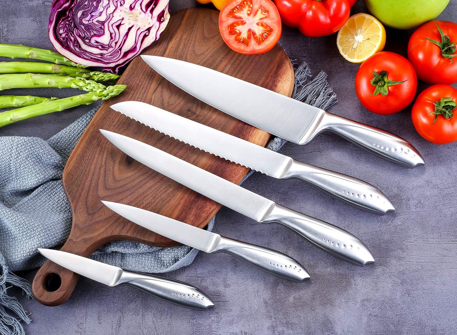 WELLSTAR Sharp Kitchen Knives 5 Piece Set, Chef Carving Bread Utility Paring Knife + Come Apart Heavy Duty Chicken Meat Scissors Shears with German Stainless Steel Blade + Universal Knife Block Holder