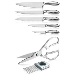wellstar sharp kitchen knives 5 piece set, chef carving bread utility paring knife + come apart heavy duty chicken meat scissors shears with german stainless steel blade + onion slicing holder