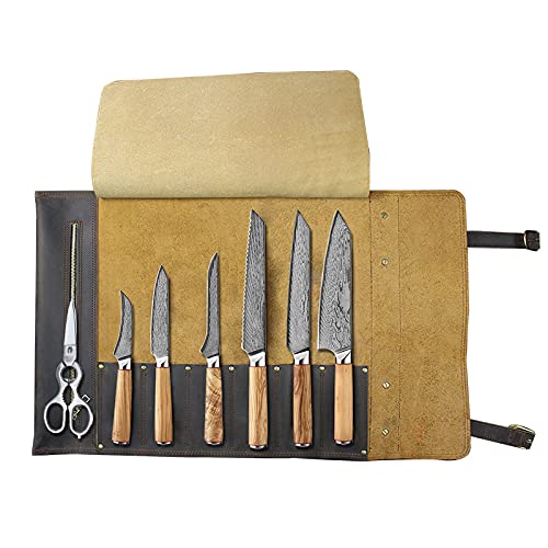 Kitchen Chef Knife Set 7 Pieces, Made of Japnese AUS10 Damascus Steel, Premium Kitchen Knife Set with Olive Wood Handle