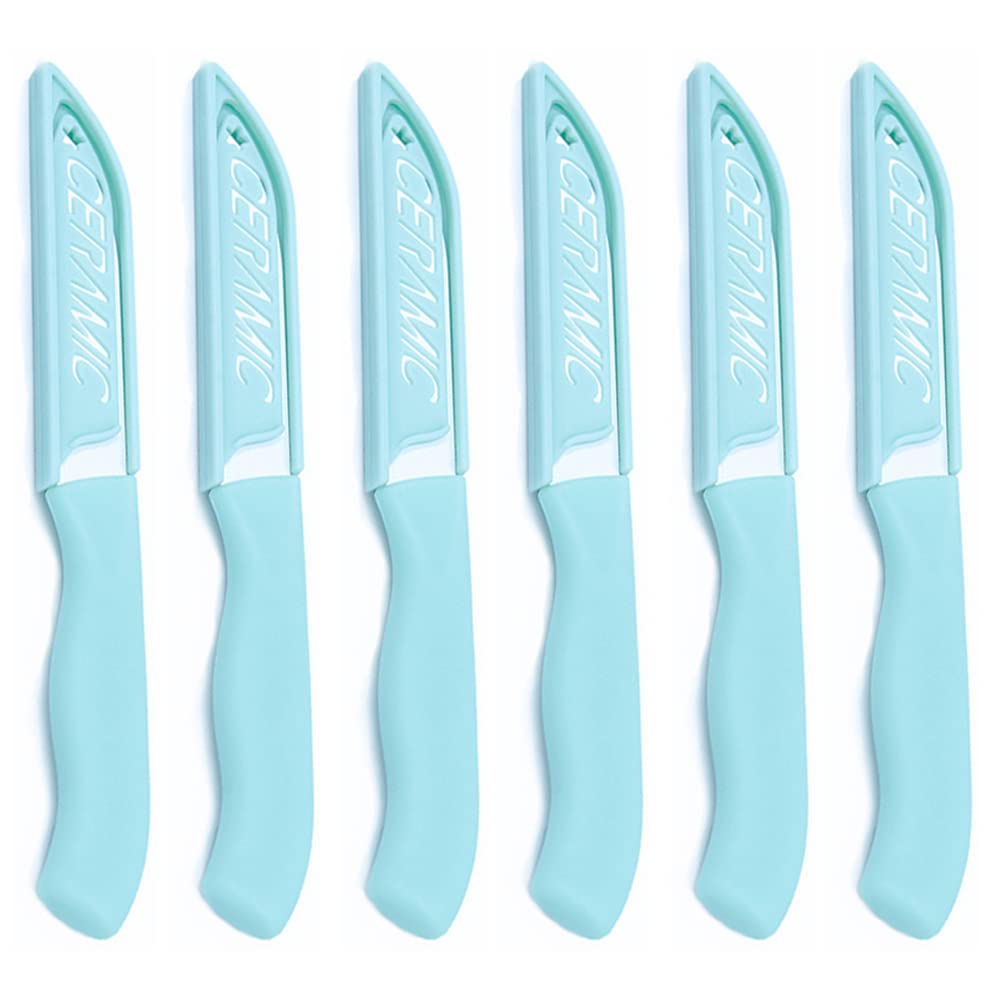 WWZJ 6 Pack Ceramic Paring Knife with Knife Cover, Lightweight Ceramic Knives, Fruit and Vegetable Small Knife (Ceramic, Blue)