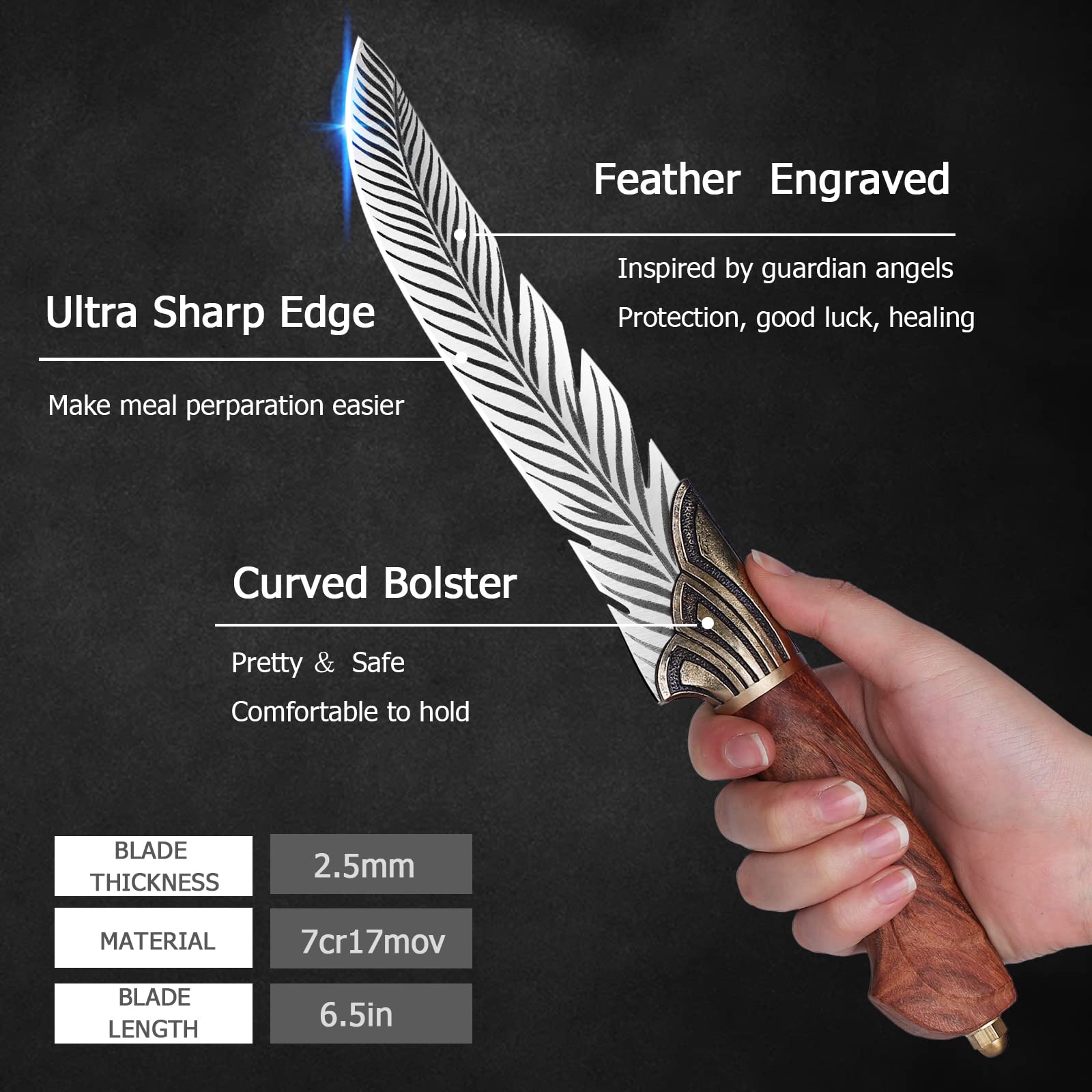 PURPLEBIRD 12 Inch Carving Knife Ultra Sharp Slicing Knife Feather Boning Butcher Knife with Leather Sheath
