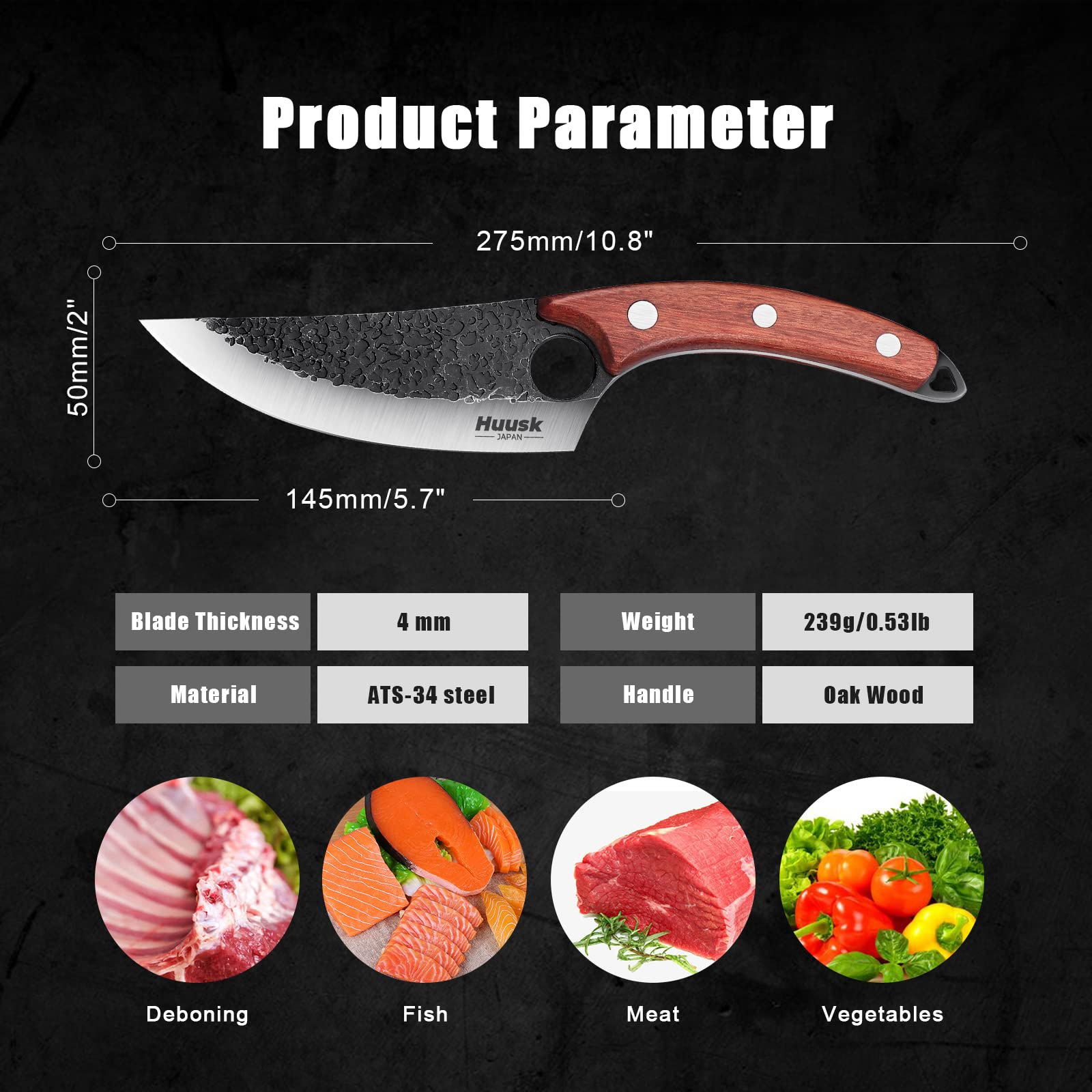 Huusk Hand Forged Boning Knife for Meat Cutting Bundle with Butcher Meat Cleaver Japan Kitchen Knife for Home, Outdoor, Camping Thanksgiving Christmas Gifts