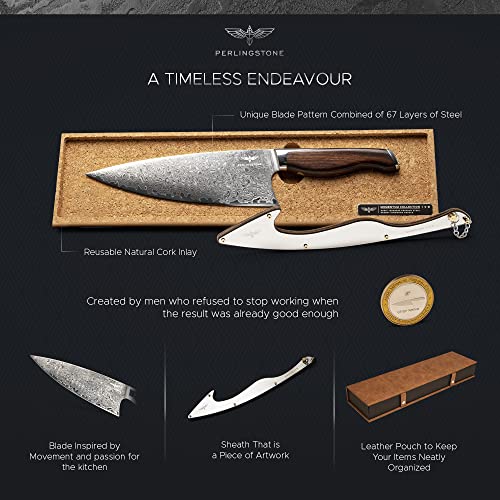 PERLINGSTONE Momentum Collection Chef Knife 8 Inch - Ultra Sharp Chef Knife with AUS10 Japanese Steel Blade - Professional Kitchen Knife - Desert Ironwood Handle - Chefs Knife Includes Sheath