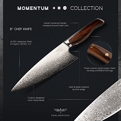 PERLINGSTONE Momentum Collection Chef Knife 8 Inch - Ultra Sharp Chef Knife with AUS10 Japanese Steel Blade - Professional Kitchen Knife - Desert Ironwood Handle - Chefs Knife Includes Sheath