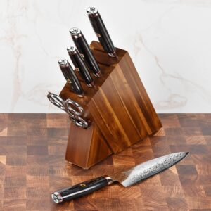 Enso SG2 7 Piece Acacia Slim Knife Block Set - Made in Japan - 101 Layer Stainless Damascus