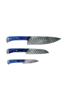 breliser 3-piece diamond-hammered damascus knife set, blue pakkawood handle - chef, santoku, paring - leather knife roll - knife care kit