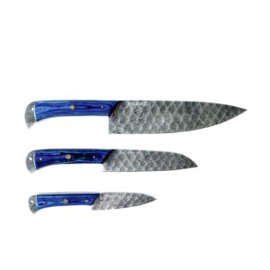 Breliser 3-Piece Diamond-Hammered Damascus Knife Set, Blue Pakkawood Handle - Chef, Santoku, Paring - Leather Knife Roll - Knife Care Kit