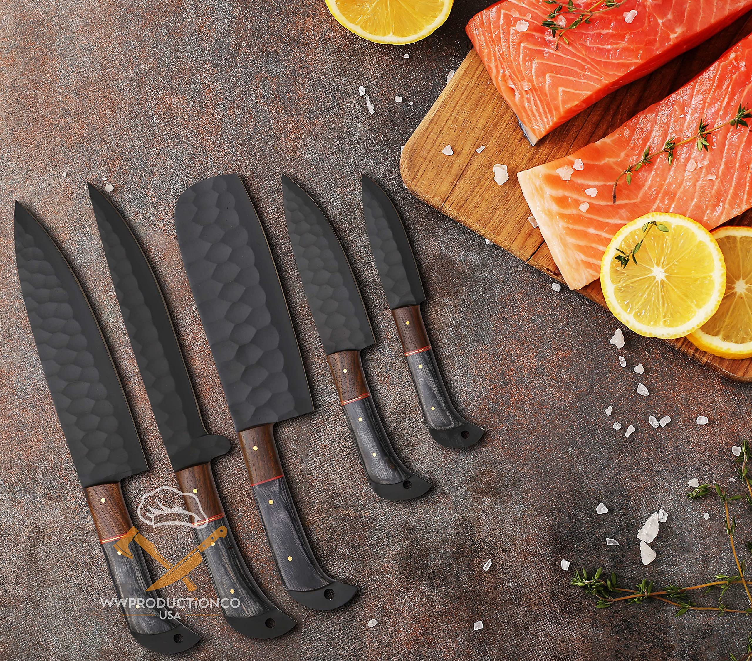 WWPRODUCTCO Handmade Chef Knife Set - Complete Professional 5PCS Kitchen Knife Set Chopping, Bonning, Cleaver, Fruit Knives Set