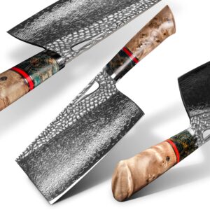 fzizuo damascus kitchen chinese cleaver,7.5in professional handmade chopping chopper knives with burl stabilized wood handle for meat and vegetable in home&restaurant