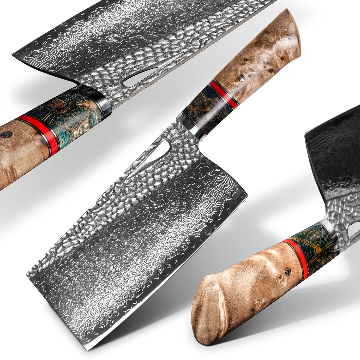 FZIZUO Damascus Kitchen Chinese Cleaver,7.5in Professional Handmade Chopping Chopper Knives with Burl Stabilized Wood Handle for Meat and Vegetable in Home&Restaurant