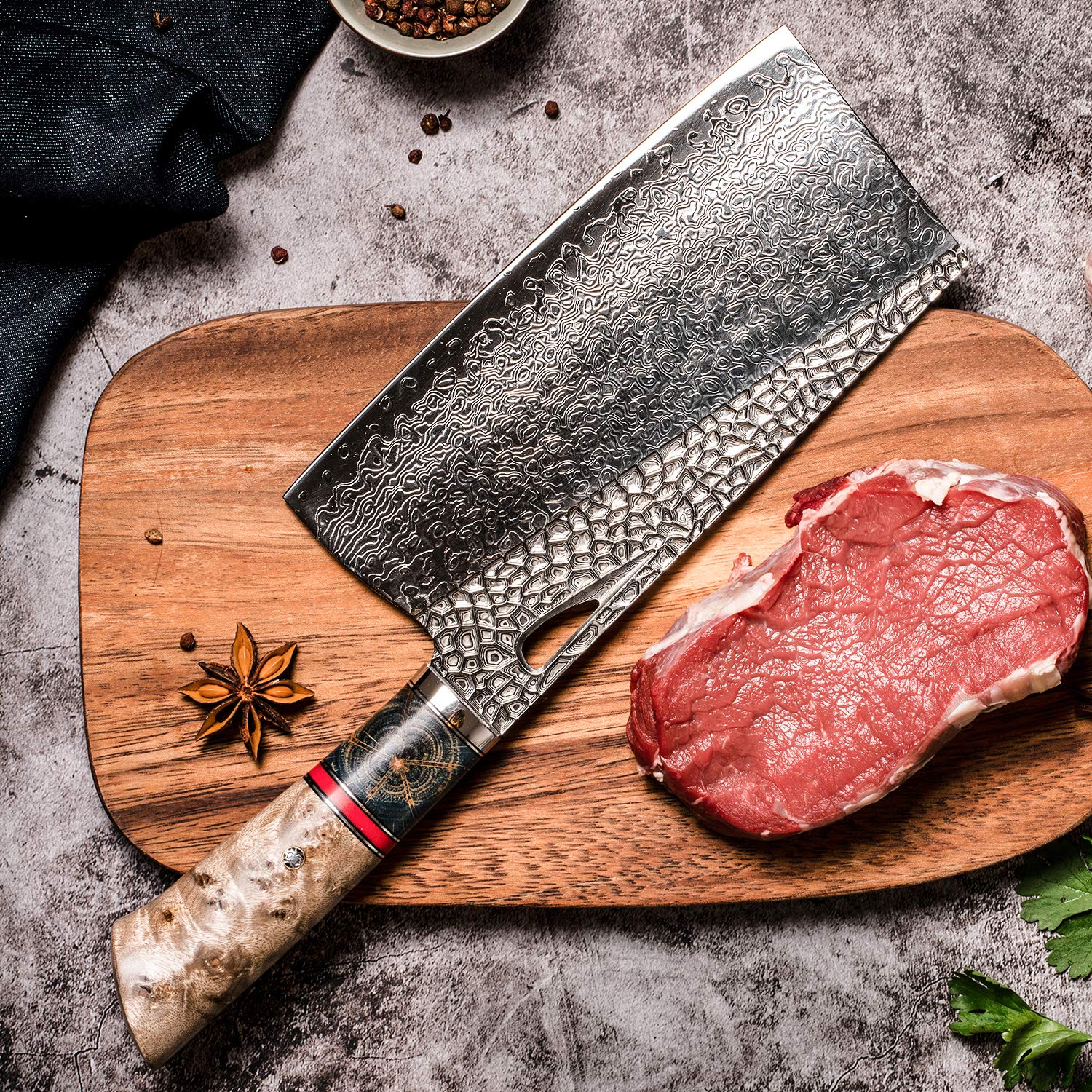 FZIZUO Damascus Kitchen Chinese Cleaver,7.5in Professional Handmade Chopping Chopper Knives with Burl Stabilized Wood Handle for Meat and Vegetable in Home&Restaurant