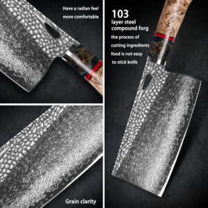 FZIZUO Damascus Kitchen Chinese Cleaver,7.5in Professional Handmade Chopping Chopper Knives with Burl Stabilized Wood Handle for Meat and Vegetable in Home&Restaurant