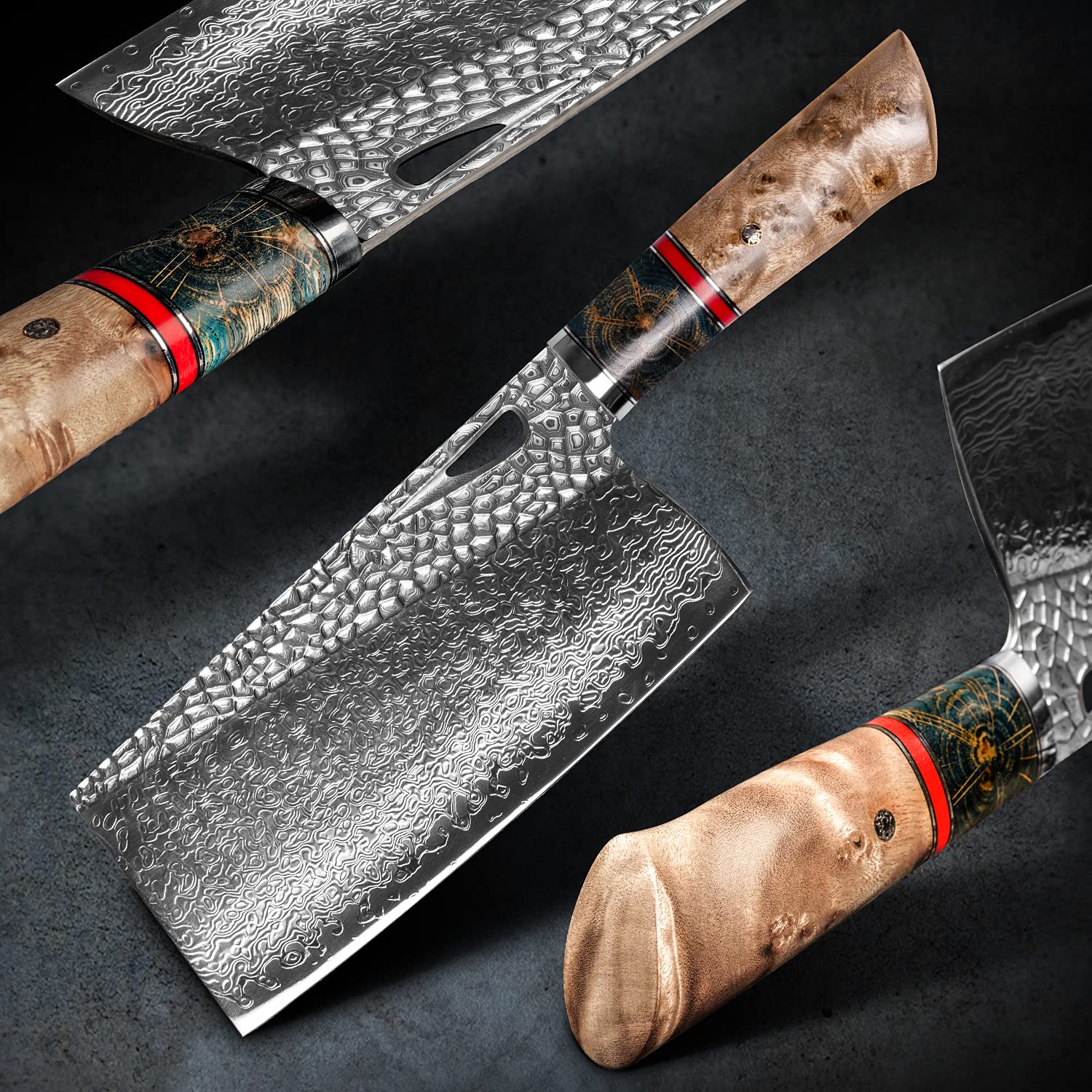 FZIZUO Damascus Kitchen Chinese Cleaver,7.5in Professional Handmade Chopping Chopper Knives with Burl Stabilized Wood Handle for Meat and Vegetable in Home&Restaurant