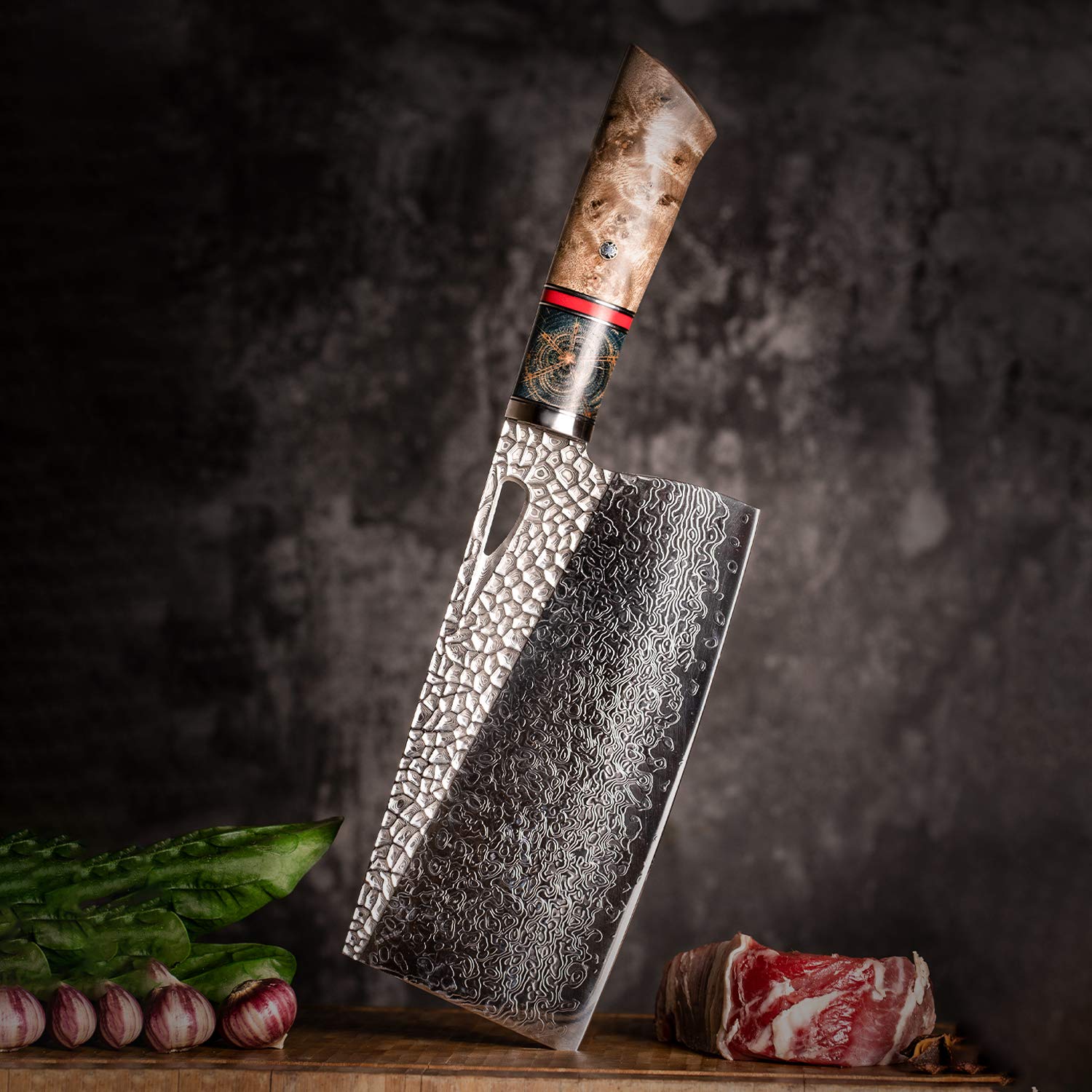 FZIZUO Damascus Kitchen Chinese Cleaver,7.5in Professional Handmade Chopping Chopper Knives with Burl Stabilized Wood Handle for Meat and Vegetable in Home&Restaurant