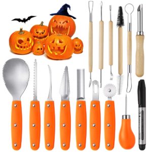 unomor halloween pumpkin carving tools kit, 15 pcs professional pumpkin carving set includes wooden sculpture knife saw marker for halloween pumpkin decoration, easily carve jack-o-lantern