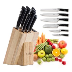 ausker - kitchen knife set block with sharpener, chef, santoku, paring, utility, carving and bread knives, stainless steel professional kitchenware (set of 6)
