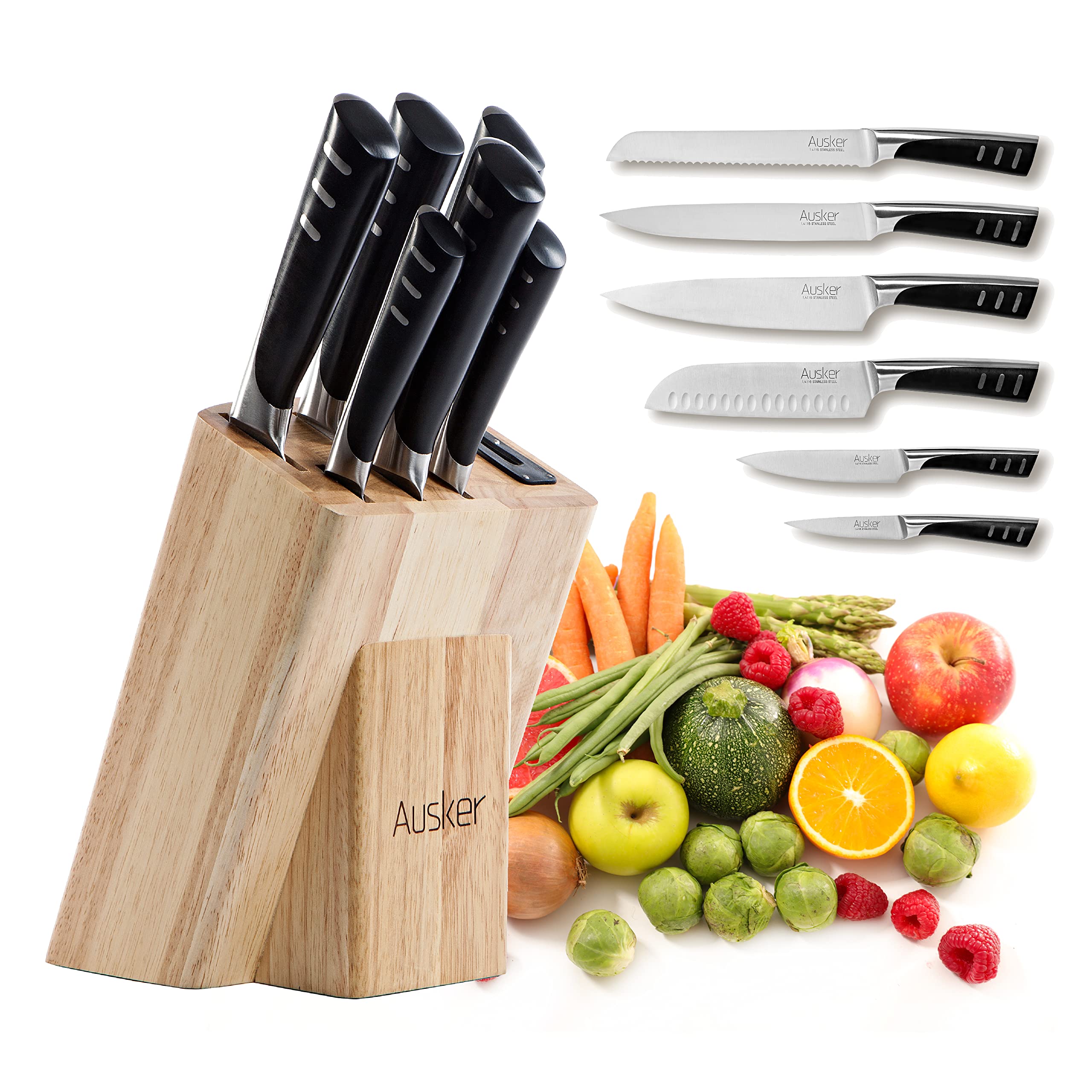 Ausker - Kitchen Knife Set Block with Sharpener, Chef, Santoku, Paring, Utility, Carving and Bread Knives, Stainless Steel Professional Kitchenware (Set of 6)