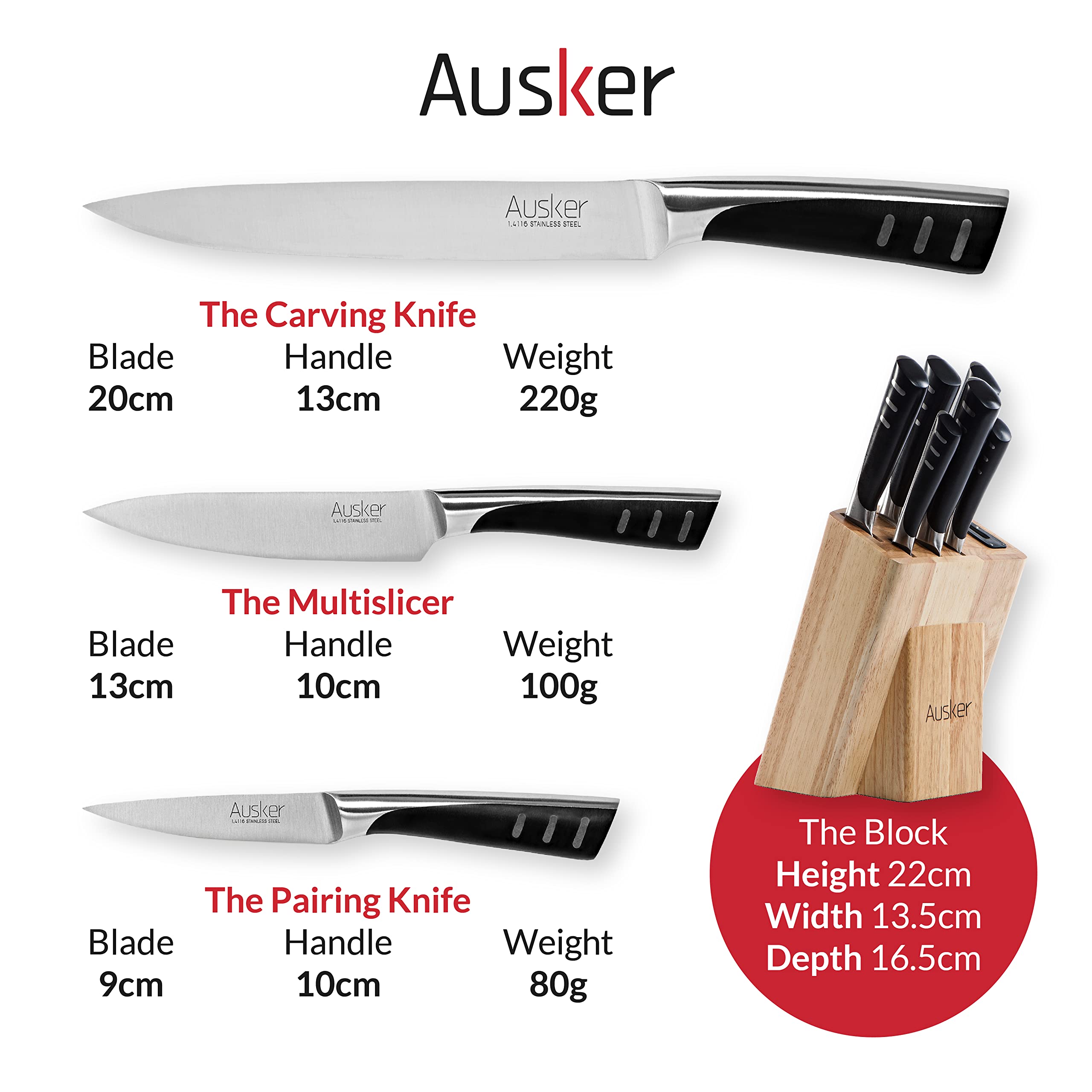 Ausker - Kitchen Knife Set Block with Sharpener, Chef, Santoku, Paring, Utility, Carving and Bread Knives, Stainless Steel Professional Kitchenware (Set of 6)