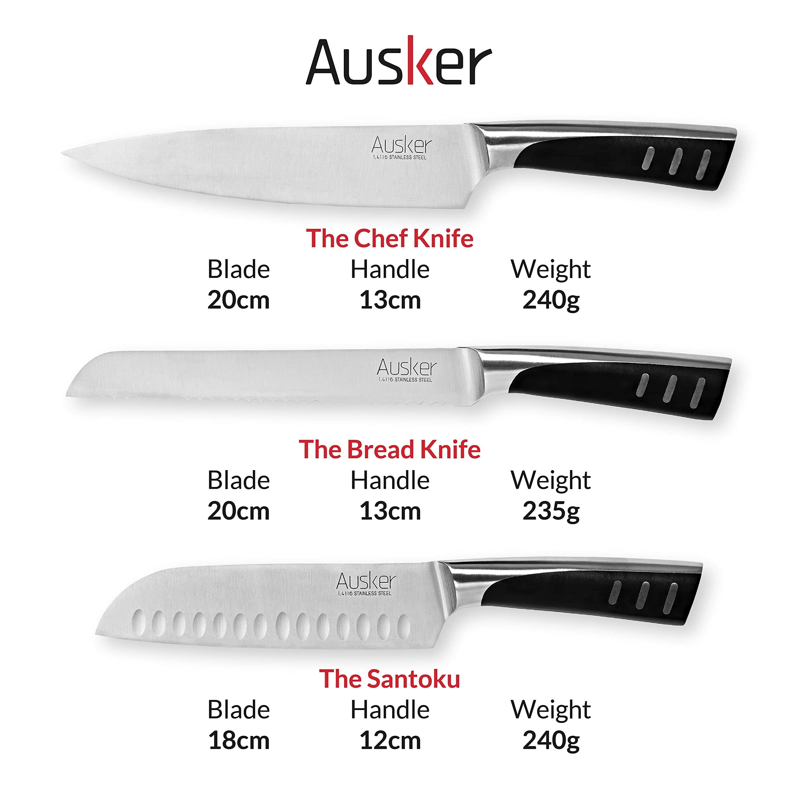 Ausker - Kitchen Knife Set Block with Sharpener, Chef, Santoku, Paring, Utility, Carving and Bread Knives, Stainless Steel Professional Kitchenware (Set of 6)