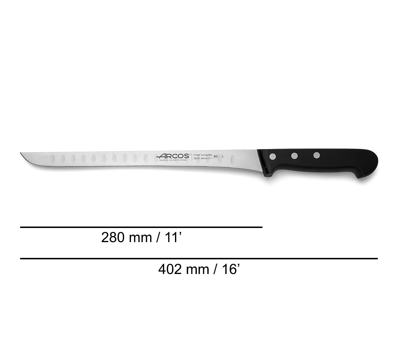 ARCOS Carving Knife 11 Inch Stainless Steel. Ham Slicer Knife to Cut Ham and Meat. Ergonomic Polyoxymethylene Handle and 280mm Blade. Series Universal. Color Black