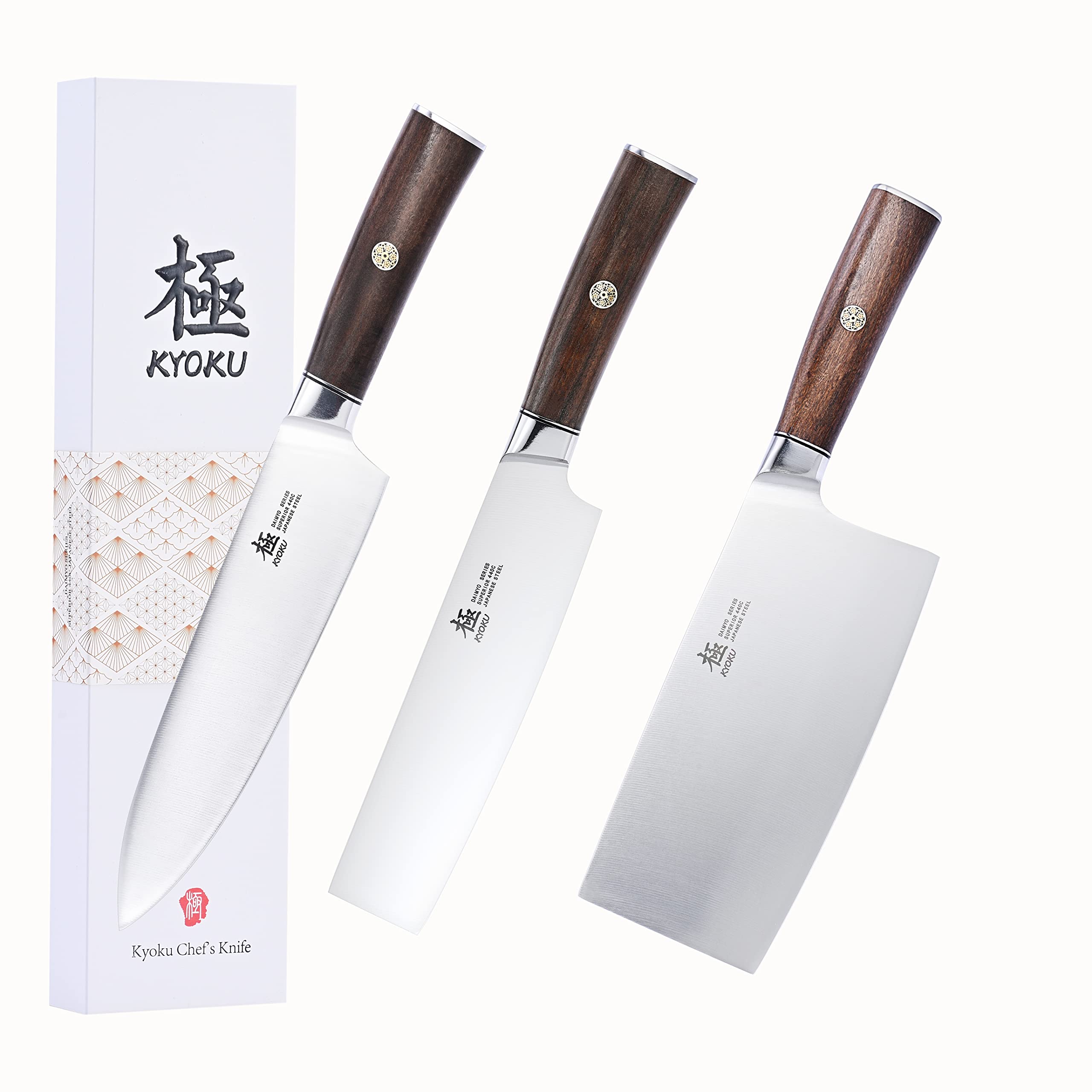 KYOKU Daimyo Series 7" Cleaver Knife + 7'' Nakiri Knife + 8'' Chef Knife - Japanese 440C Stainless Steel - Rosewood Handle