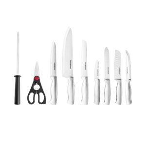 Farberware Stamped 15-Piece High-Carbon Stainless Steel Knife Block Set, Steak Knives & 3-Piece Bamboo Cutting Board, Set of 3 Assorted Sizes, Brown