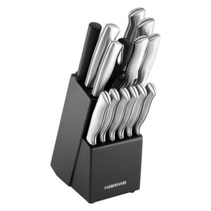 Farberware Stamped 15-Piece High-Carbon Stainless Steel Knife Block Set, Steak Knives & 3-Piece Bamboo Cutting Board, Set of 3 Assorted Sizes, Brown