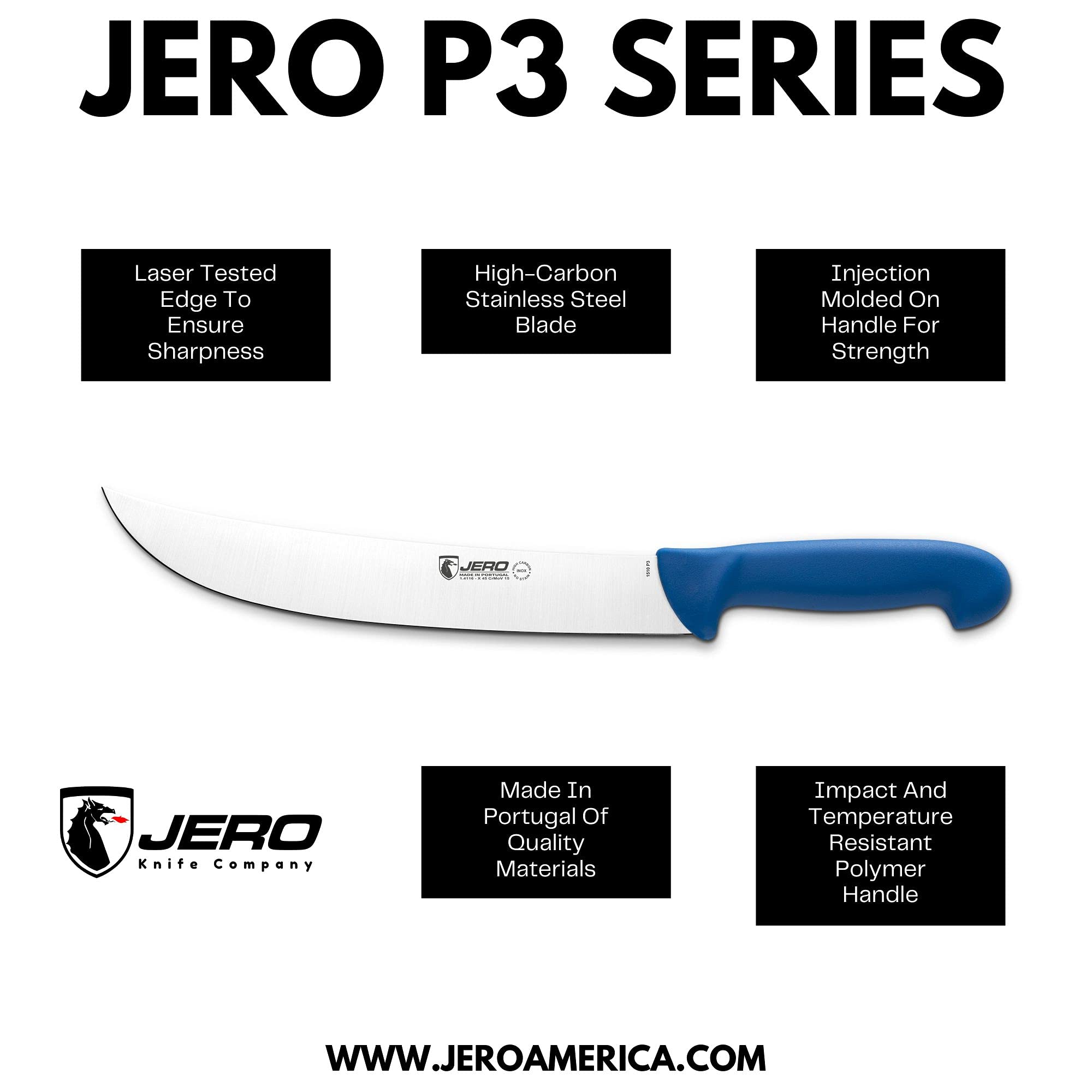 Jero P3 Series Butcher And BBQ Knife Set - 10 Inch Cimeter - 8 Inch Breaking and Trim - 5 Inch Curved Boning - 3-Piece Meat Processing Set