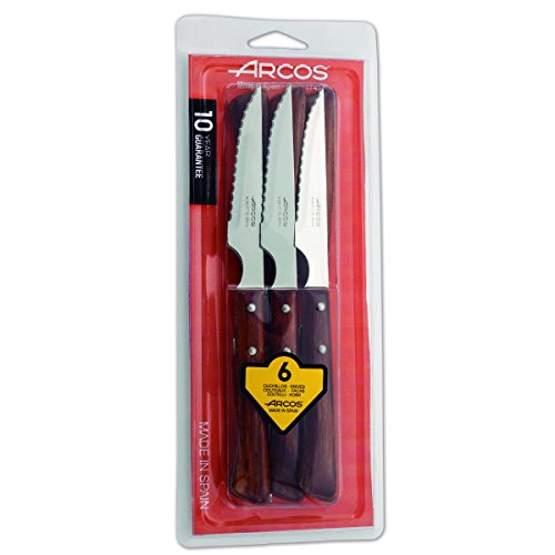 ARCOS 6 Piece Steak Knife Set 4,3 Inch. Pocket Knife Pack with Pearl Edge for Cutting and Fillet Meat. Stainless Steel Serrated Blade and Beech Wood Handle. Series Mesa