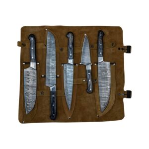 Morf Steelware Damascus Chef Knife, 5 Pieces of Damascus Steel Chef Knife Set for Kitchen, BBQ Knives, Camping Cooking Knives, Knives for Men for Camping and Outdoors