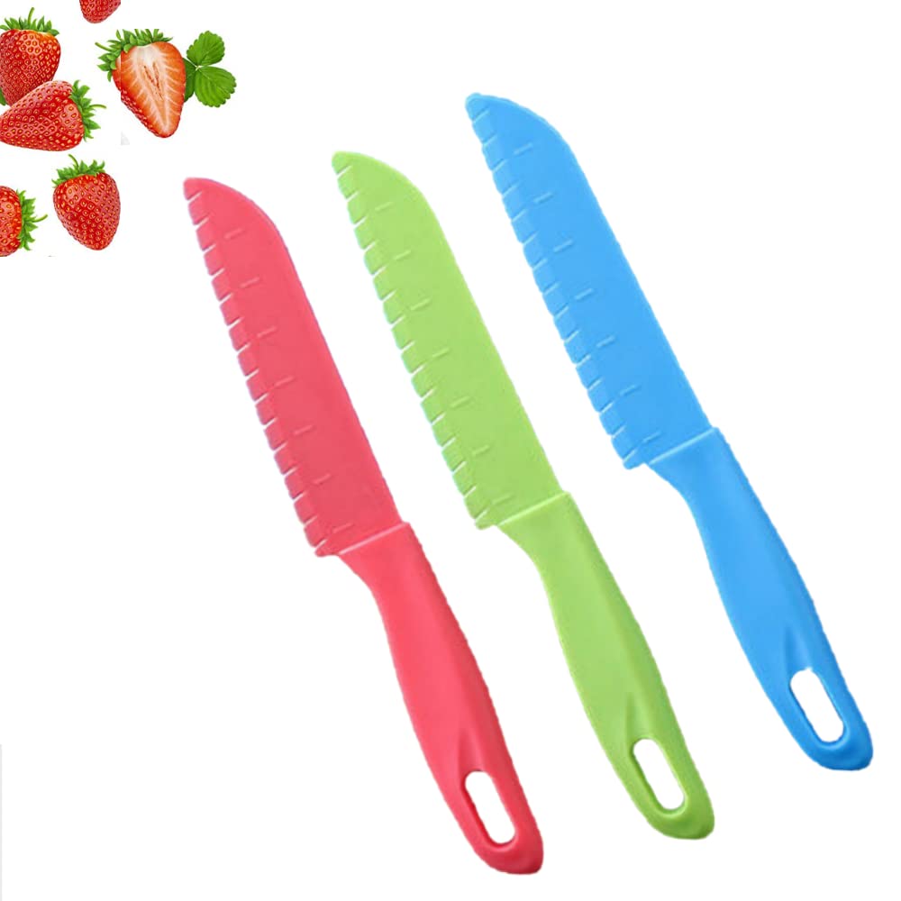 jawbush Lettuce Knife for Kids, 8.7" Plastic Kids Safe Knives Set, Serrated Paring Knife for Cutting Fruits, Bread, Brownies, Veggies and More, Nylon Knives for Nonstick Pans, 3 Pcs