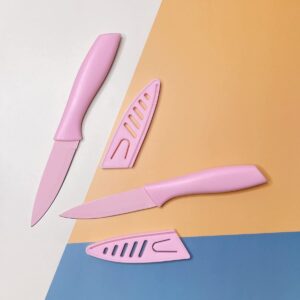 2 pcs Kitchen Knife Set 3.5” Paring Knife with Sheath + Peeler Non Stick stainless steel blade Pink Combo (2 Pink Knives)