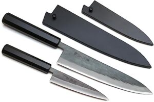 yoshihiro kurouchi black-forged blue steel stainless clad gyuto chefs knife and petty utility knife 2pc set ebony handle (gyuto 210mm & petty 135mm)