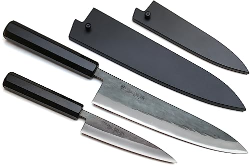 Yoshihiro Kurouchi Black-Forged Blue Steel Stainless Clad Gyuto Chefs Knife and Petty Utility Knife 2pc Set Ebony Handle (Gyuto 210mm & Petty 135mm)