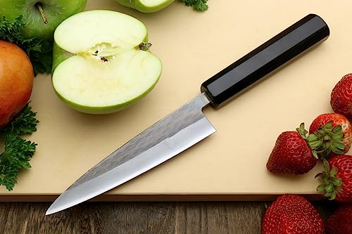 Yoshihiro Kurouchi Black-Forged Blue Steel Stainless Clad Gyuto Chefs Knife and Petty Utility Knife 2pc Set Ebony Handle (Gyuto 210mm & Petty 135mm)