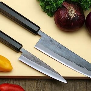 Yoshihiro Kurouchi Black-Forged Blue Steel Stainless Clad Gyuto Chefs Knife and Petty Utility Knife 2pc Set Ebony Handle (Gyuto 210mm & Petty 135mm)