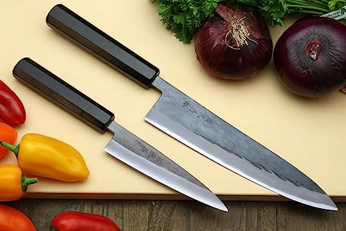 Yoshihiro Kurouchi Black-Forged Blue Steel Stainless Clad Gyuto Chefs Knife and Petty Utility Knife 2pc Set Ebony Handle (Gyuto 210mm & Petty 135mm)