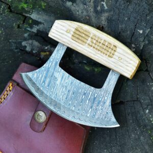handmade damascus steel blade ulu knife,chef ulu knife, multi-purpose damascus knives for chopping, skinning,pizza cutting, rockers knife, traditional kitchen fixed blade knife with leather sheath