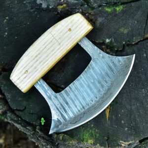 Handmade Damascus Steel Blade Ulu Knife,Chef Ulu Knife, Multi-Purpose Damascus Knives for Chopping, Skinning,Pizza Cutting, Rockers Knife, Traditional Kitchen Fixed Blade Knife with Leather Sheath