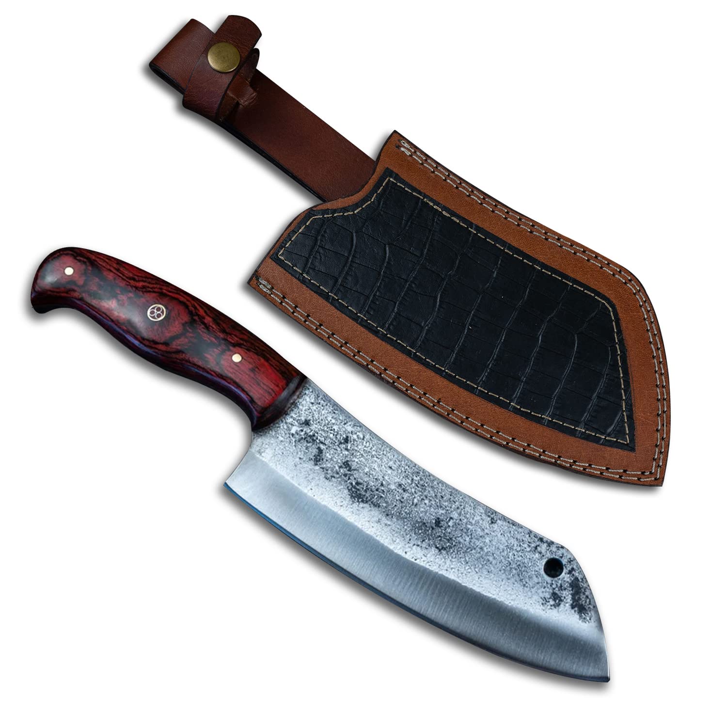 Morf Steelware High Carbon Steel Cleaver Chopper Knife, 9.75 inch Kitchen Knife with Leather Sheath, Chopping & Cutting Chef Knife For Meat and Vegetable - Red Pakka Wood Handle