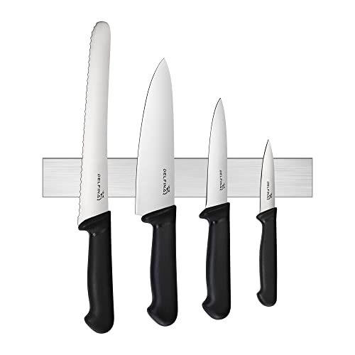 DELFINA Professional 5 Piece Knife Set with 12" Stainless Magnetic Knife Bar, Premium Stainless Steel Chef Knife Set, Heavy Duty Magnet Bar, Easy Install For Kitchen Storage (5-PCS-BLACK)