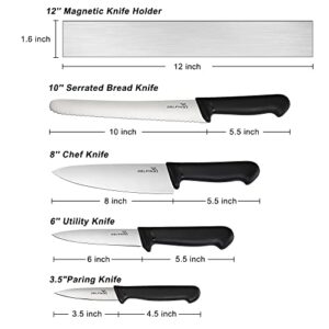 DELFINA Professional 5 Piece Knife Set with 12" Stainless Magnetic Knife Bar, Premium Stainless Steel Chef Knife Set, Heavy Duty Magnet Bar, Easy Install For Kitchen Storage (5-PCS-BLACK)