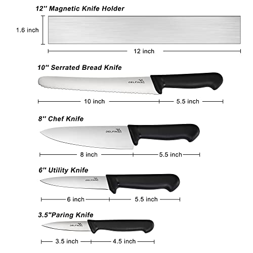 DELFINA Professional 5 Piece Knife Set with 12" Stainless Magnetic Knife Bar, Premium Stainless Steel Chef Knife Set, Heavy Duty Magnet Bar, Easy Install For Kitchen Storage (5-PCS-BLACK)