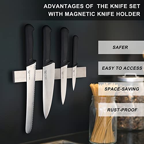 DELFINA Professional 5 Piece Knife Set with 12" Stainless Magnetic Knife Bar, Premium Stainless Steel Chef Knife Set, Heavy Duty Magnet Bar, Easy Install For Kitchen Storage (5-PCS-BLACK)