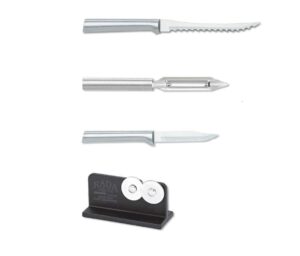 rada cutlery top seller’s kit knives – includes paring knife, tomato slicer, vegetable peeler with brushed aluminum handles plus quick edge knife sharpener