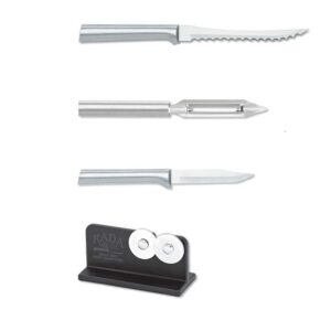 Rada Cutlery Top Seller’s Kit Knives – Includes Paring Knife, Tomato Slicer, Vegetable Peeler With Brushed Aluminum Handles Plus Quick Edge Knife Sharpener