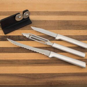 Rada Cutlery Top Seller’s Kit Knives – Includes Paring Knife, Tomato Slicer, Vegetable Peeler With Brushed Aluminum Handles Plus Quick Edge Knife Sharpener