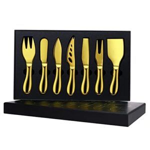 kats beypg advanced 7-pieces cheese knife set collection 18/10 stainless steel cheese knives sets charcuterie utensils with cheese knife and cheese slicer,exquisite cheese spreader gift sets (gold)