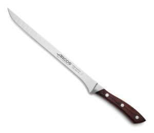 arcos forged slicing ham knife 10 inch with 250mm blade. nitrum stainless steel blade. professional kitchen knife. rosewood brown handle. rust & corrosion resistant. smooth edge. natura series.